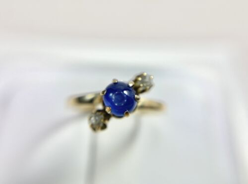 Victorian 14k Yellow Gold Round Blue Cabochon Sapphire Old European Diamond Ring