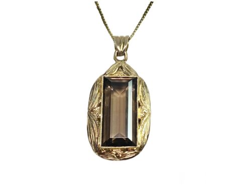 Vintage 14k Yellow Gold Emerald Cut Smoky Color Topaz Bezel Set Pendant Necklace