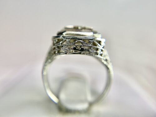 Vintage Art Deco 14k White Gold Fraternal Filigree Carved Quartz Cocktail Ring