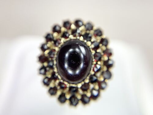 Vintage 14k Yellow Gold Natural Oval Round Garnet German Big Cocktail Ring