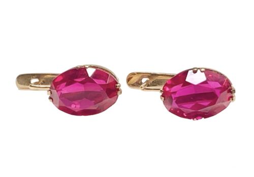 Vintage 14k Rose Gold Soviet Era Oval Red Rubellite European Style Earrings