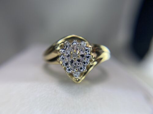 Vintage 10k Yellow Gold Natural Round Single Cut Diamond Cluster Cocktail Ring