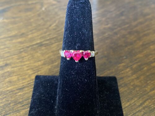 Vintage 10k Yellow Gold Lab Created Heart Shape Pink Ruby Round Diamond Ring