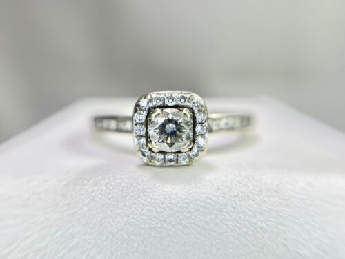 14k White Gold Signed Natural Round Brilliant Diamond Halo Engagement Ring