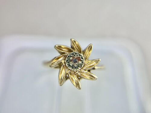 Vintage 14k Yellow Gold Round Single Cut Diamond Small Cocktail Flower Ring