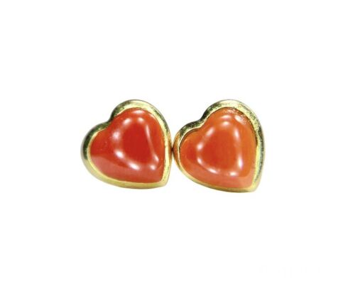 Vintage 18k Yellow Gold Orange Pink Chalcedony Heart Shape Small Stud Earrings