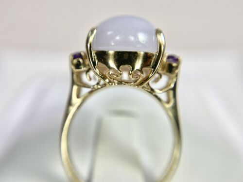 Vintage 14k Yellow Gold Oval Lavender Jade Round Diamond Big Cocktail Ring