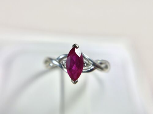 Vintage 10k White Gold Designer Marquise Pink Ruby Round Diamond Ring