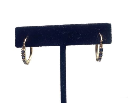 Vintage 10k Yellow Gold Round Blue Sapphire Diamond Small Hoop Earrings