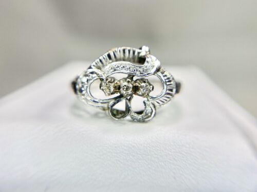 Vintage Art Deco 10k White Gold Round Single Cut Diamond Filigree Cocktail Ring