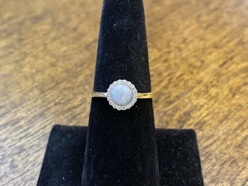 Vintage 14k Yellow Gold Natural Round White Opal Diamond Halo Bezel Set Ring