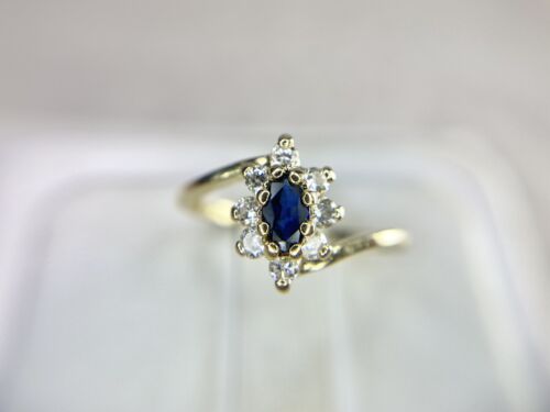 Vintage 14k Yellow Gold Natural Marquise Blue Sapphire Round Diamond Halo Ring