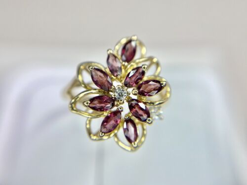 Vintage 14k Yellow Gold Natural Marquise Red Ruby Round Diamond Cocktail Ring