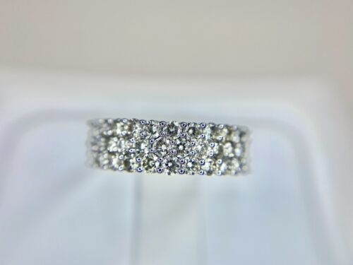 18k White Gold Natural Round Brilliant Diamond Statement Three Row Band Ring