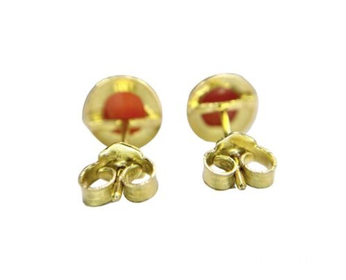 Vintage 18k Yellow Gold Orange Pink Chalcedony Oval Shape Small Stud Earrings