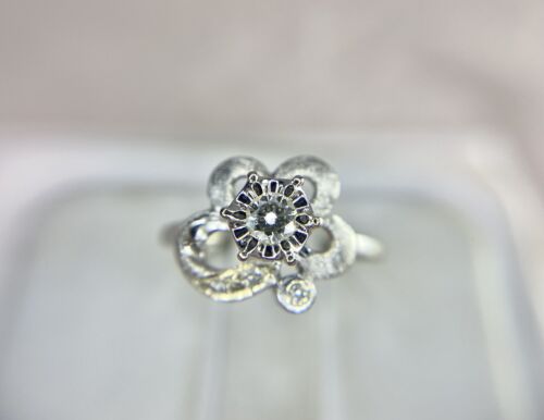 Vintage Art Deco 14k White Gold Natural Round Diamond Small Engagement Ring