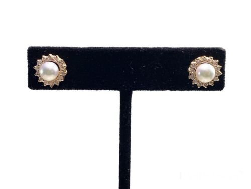 Vintage 14k Yellow Gold White Round Pearl Halo Natural Diamond Stud Earrings