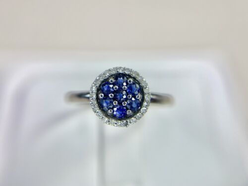 10k White Gold Designer Natural Round Blue Sapphire Diamond Halo Cocktail Ring