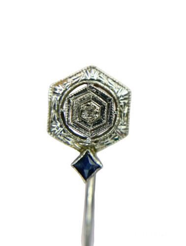 Vintage Art Deco 10k White Gold Round Diamond Blue Sapphire Stick Pin