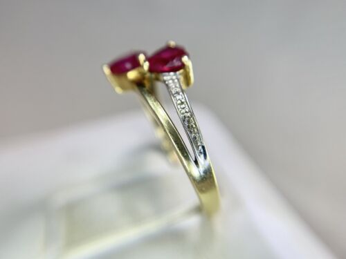 Vintage 10k Yellow Gold Lab Created Heart Shape Red Ruby  Diamond Cocktail Ring