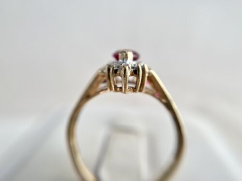 Vintage 10k Yellow Gold Marquise Shape Pink Stone Round Diamond Cocktail Ring