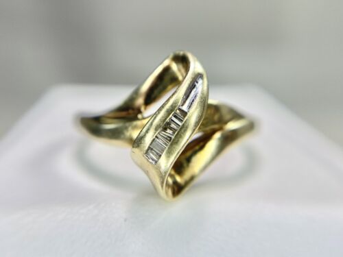 Vintage 10k Yellow Gold Natural Baguette Cut Diamond Bypass Cocktail Ring 