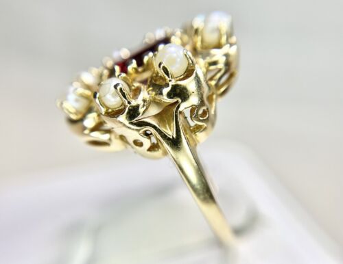 Vintage 14k Yellow Gold Natural Oval Rhodolite Garnet Pearl Big Cocktail Ring