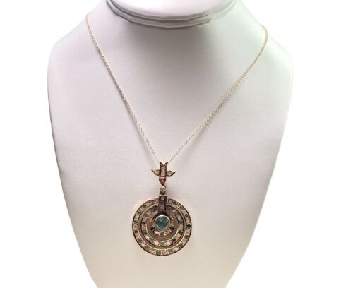 Vintage 14k Rose Gold Natural Green Emerald Round Diamond Pendant Necklace