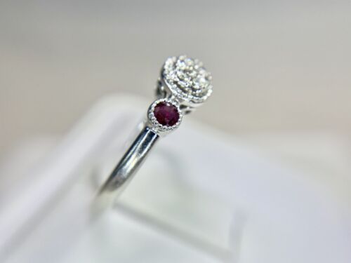 10k White Gold Natural Round Red Ruby Diamond Cluster Engagement Ring