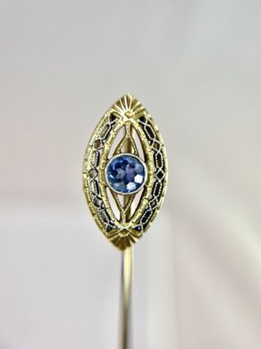 Art Deco 14k Yellow Gold Natural Round Blue Sapphire Marquise Filigree Stick Pin