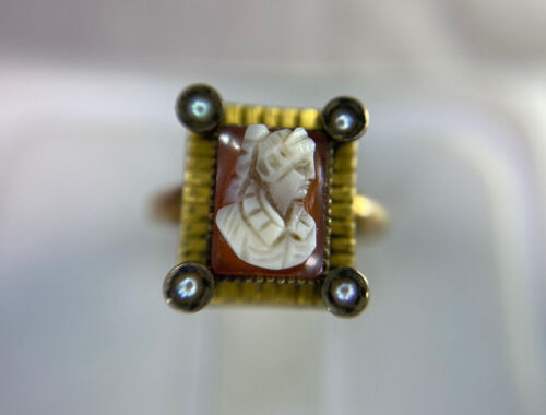 Vintage Antique 14k Yellow Gold Cameo Lady Silhouette Pearl Cocktail Ring