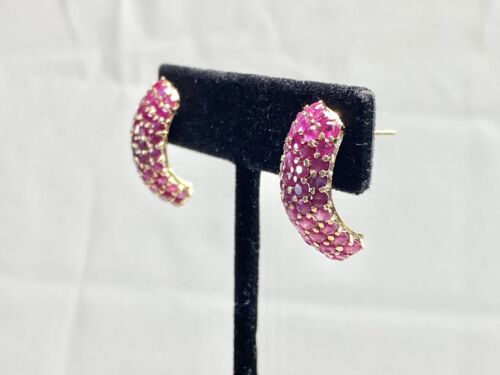 Vintage Signed 14k Yellow Gold Natural Round Red Ruby Cluster Big Stud Earrings