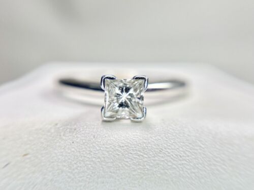 14k White Gold Square Princess Cut Natural Diamond Solitaire Engagement Ring