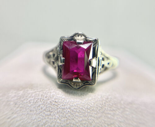 Vintage Art Deco 10k White Gold Emerald Cut Pink Stone Filigree Solitaire Ring