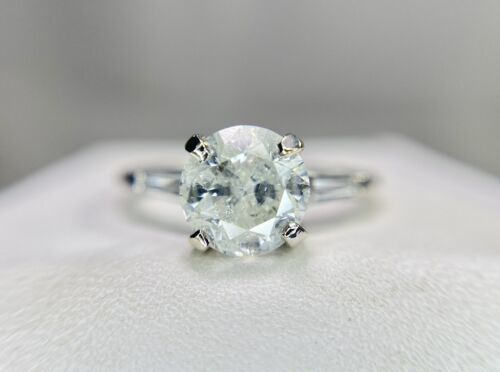 Vintage 14k White Gold Natural Round Baguette Cut Diamond Engagement Ring