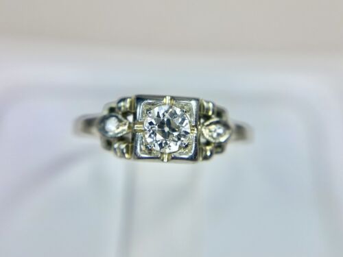 Art Deco 18k White Gold Natural Round Old European Diamond Engagement Ring