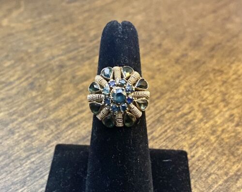 Vintage 10k Yellow Gold Natural Pear Shape Round Blue Sapphire Cocktail Ring