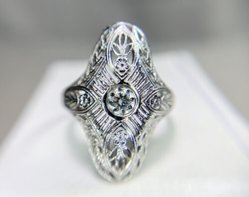 Art Deco 14k White Gold Natural Round Diamond Filigree Small Shield Ring