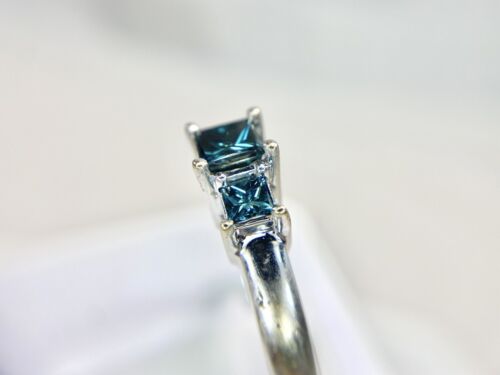 14k White Gold Natural Fancy Blue Color Princess Cut Diamond Engagement Ring