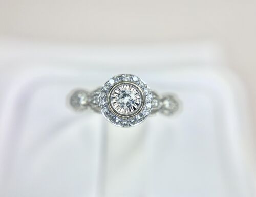 10k White Gold Designer Signed Natural Round Diamond Halo Engagement Ring