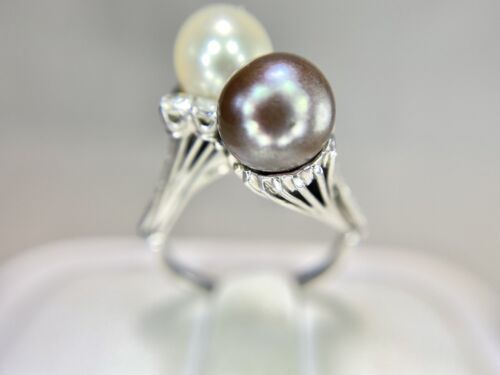 Art Deco Platinum Tahitian White Pearl Round Diamond Filigree Cocktail Ring