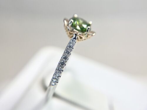 14k White Gold Natural Fancy Green Round Diamond Flower Engagement Ring