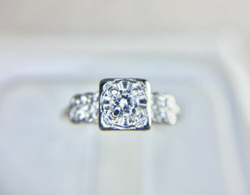 Vintage Designer 14k White Gold Natural Round Diamond Small Engagement Ring