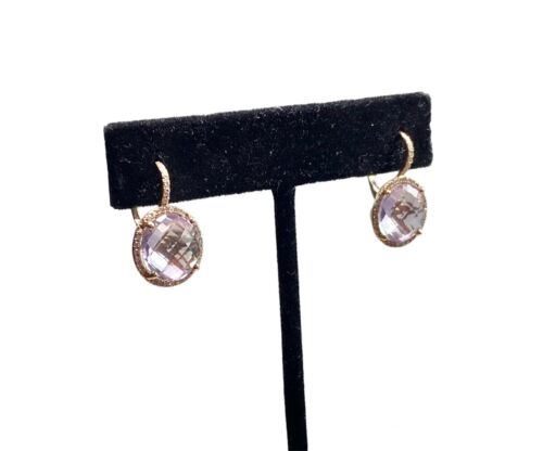 14k Rose Gold Designer Round Purple Amethyst Natural Diamond Halo Earrings