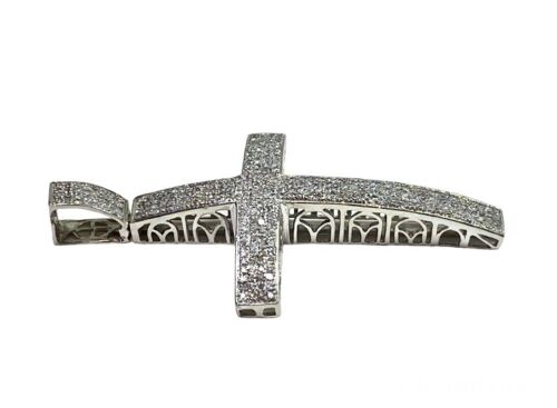 10k White Gold Natural Round Single Cut Diamond Big Cross Pendant 