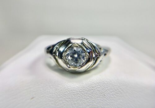 Vintage Art Deco 18k White Gold Natural Round Diamond Filigree Engagement Ring