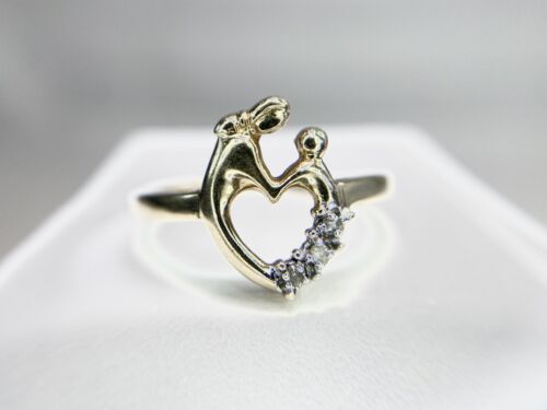 Vintage 10k Yellow Gold Natural Round Diamond Mother Child Heart Shape Ring