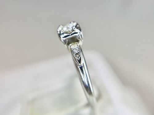 Art Deco Signed 14k White Gold Natural Round Diamond Small Engagement Ring