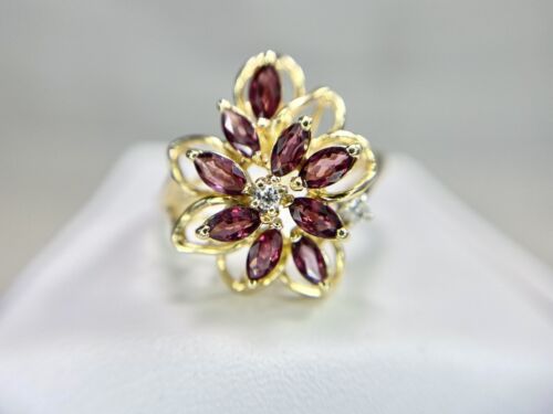 Vintage 14k Yellow Gold Natural Marquise Red Ruby Round Diamond Cocktail Ring