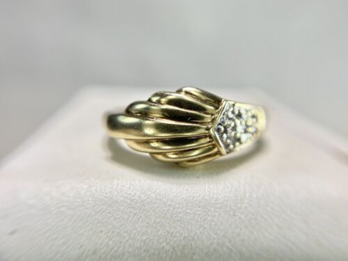 Vintage Art Deco Style 10k Yellow Gold Natural Diamond Shell Cocktail Ring